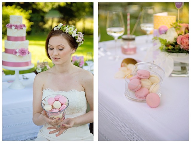 Braut mit Hochzeitstorte und Macarons Wien